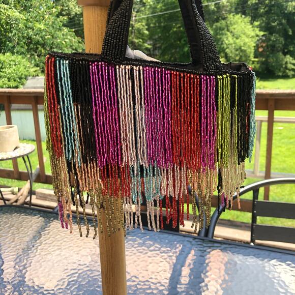 Beaded Multicolor Black Fringe Bag Viral Beaded Statement Bag Marshall's NWT - Picture 1 of 3